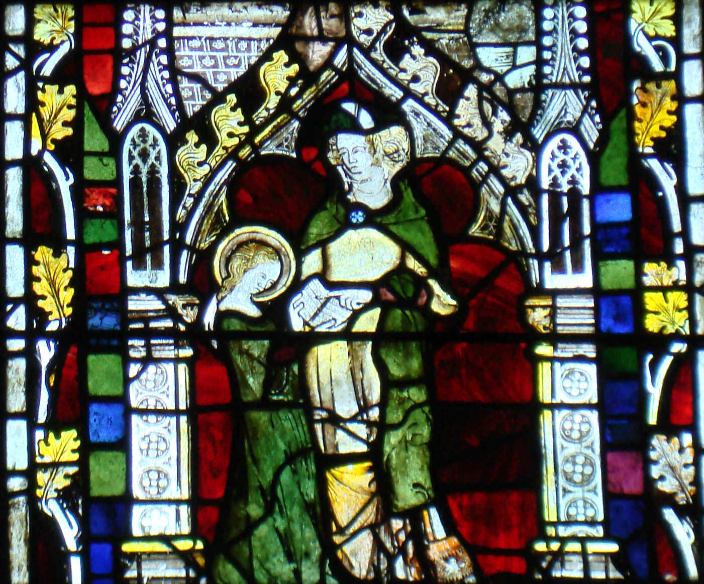14 century glass: St Anne teaching the Virgin Mary her primer